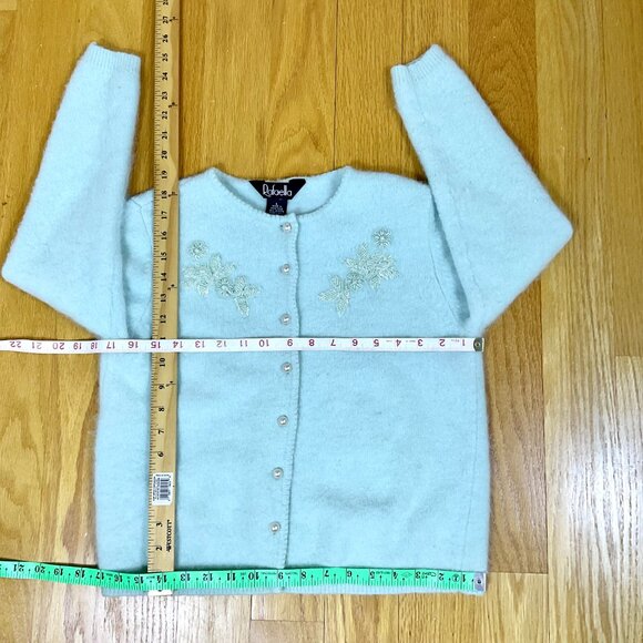 Vintage Sweater Cardigan Angora Wool Beads Pearl Buttons Ice Blue Rafaella (L) - Picture 8 of 8